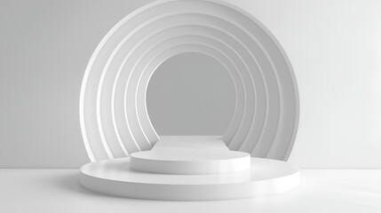 Obraz premium Abstract white background with circle lines, architectural wallpaper 3d rendering,Abstract scene or podium for product showcase on monochrome background 3d render of scene for product presentation 