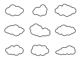 Set of clouds, collection of nine vector sky clouds in black color stroke style on white background. Cloud. Stroke cloud set isolated on white background. Clouds vector set. Vector illustration.