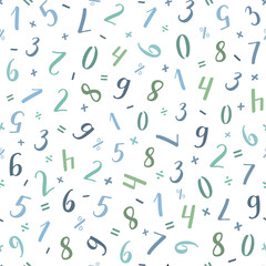 Numeral vector seamless pattern. Handwritten lettering modern brush calligraphy. Hand-drawn figures 1, 2, 3, 4, 5, 6, 7, 8, 9, 0 and mathematical symbols. Blue green numbers with thick and thin lines.