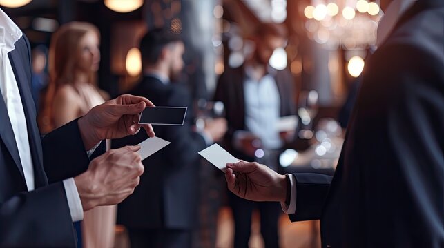 Man in a Suit Exchanging Business Cards with Another Man at a Formal Event