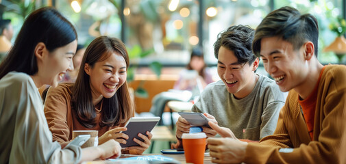Obraz premium A group of young professionals in an office setting were gathered around one person who was presenting on their tablet to another individual sitting down and smiling at them