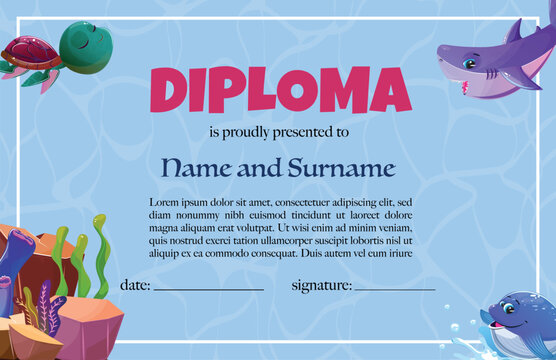 Colorful diploma certificate template featuring underwater theme