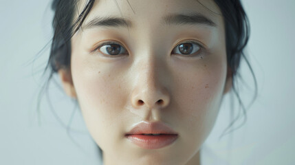 A young woman with clear skin and a soft, calm expression gazes directly at the camera, exuding simplicity and purity.