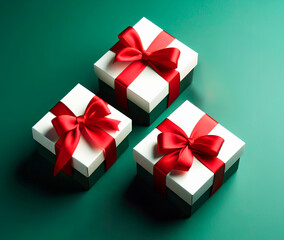 Three white gift boxes with red satin ribbons on a green background. Gifts for Christmas, New Year, Valentine's Day, Birthday