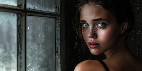 Fototapeta premium A young woman with piercing blue eyes, wearing a simple black dress, gazing thoughtfully out of a grimy window.