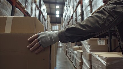 A worker's gloved hand reaching for a cardboard box in a warehouse