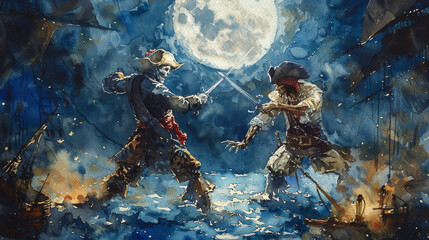 Fototapeta premium Two pirates are fighting in the water with swords
