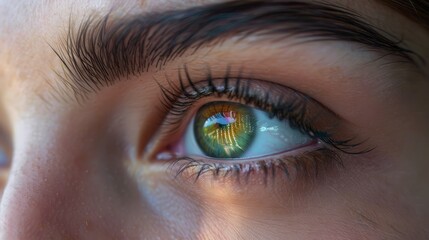  A tight shot of an eye, its iris mirroring a building's architecture