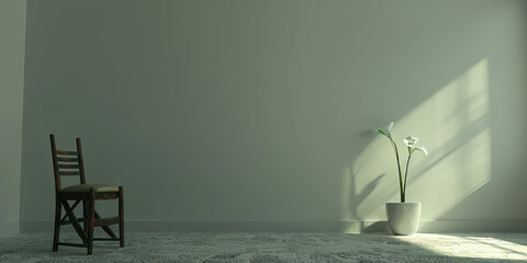 A sparse, modern room devoid of clutter, save for a wooden chair and a single white flower in a vase.