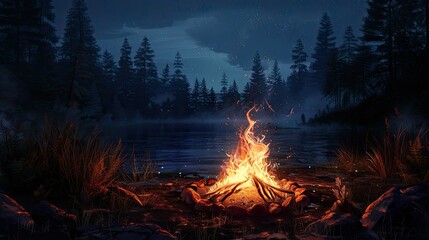 Campfire by the Lake Under a Starry Night Sky