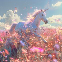 Obraz premium Enchanted Dream - Surreal Horse Running in Meadow with Digital Blooms and Holographic Butterflies | Pastel Fantasy Landscape