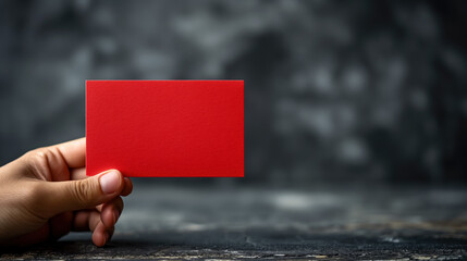 Hand holding a bright red card against a dark, textured background, emphasizing contrast and simplicity in design.