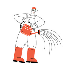 Gardener protecting plants, watering them with boots and cap while working in the garden