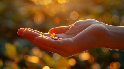 A person's hand holds a handful of grain against a blurred backdrop of green and yellow foliage