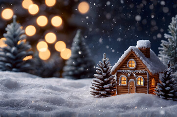 Christmas and new year postcard with illuminated miniature cosy village house, cottage, fir, pine trees, snow at night, blurred glowing bokeh, magic festive background, greeting card, copy space.