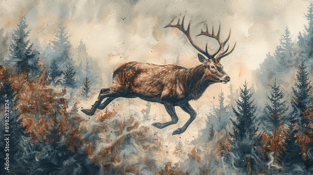 Poster a deer is running through a forest with trees in the background