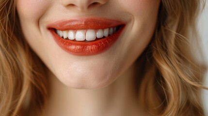 Obraz premium A tight shot of a woman's smiling face, adorned with red lipstick