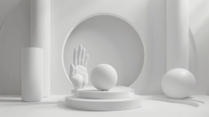 Minimalist white background with geometric shapes, perfect for product display.