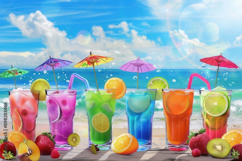 Poster a row of six colorful cocktails garnished with fruit and umbrellas sit on a wooden surface with a su