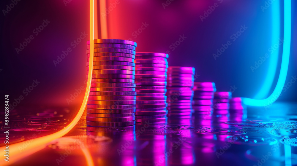 Poster a stack of coins is on a table with a blue and red line in the background