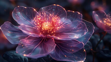 A surreal 3D rendering of a neon-glowing flower with vibrant purple and pink hues, emitting tiny sparkles creating a captivating and dreamlike effect.