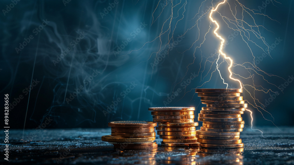 Poster a stack of coins is on a table with a lightning bolt in the background