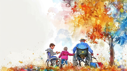 Fototapeta premium Colorful watercolor painting of grandparent and children picnic in park