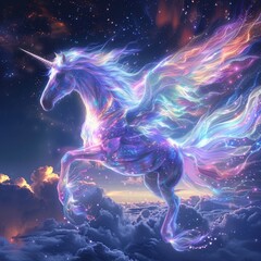 Obraz premium Majestic Winged Horse Soaring Through a Celestial Wonderland of Holographic Feathers and Glowing Trails in the Starry Sky. Fantasy and Ethereal Concept.