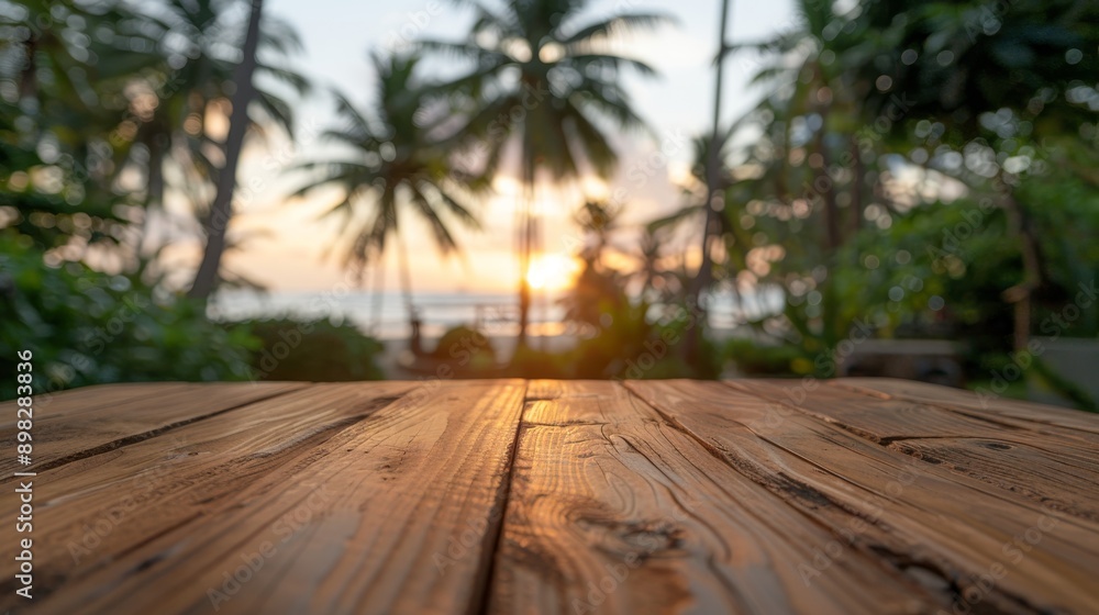 Wall mural Tropical sunset and wooden surface with palm trees, waves, and beach view for relaxation and travel