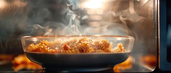 Close up of steaming pasta dish in a microwave