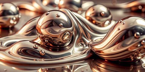 A set of 3D chrome abstract liquid shapes, featuring smooth, reflective surfaces and fluid forms that create a sense of movement and modernity