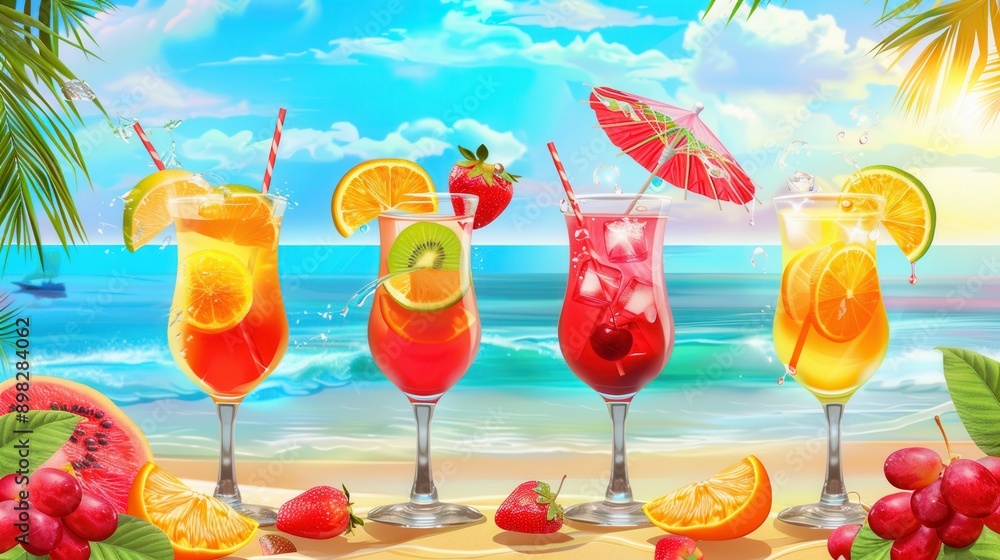 Poster five colorful cocktails garnished with fruit and umbrellas sit on a beach with an ocean backdrop. ge