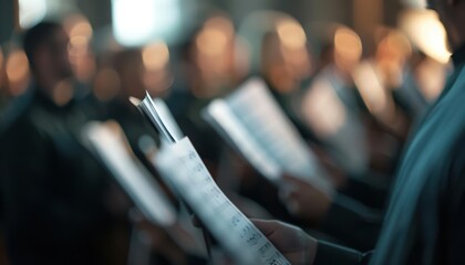 Close up of a choir singing from sheet music.