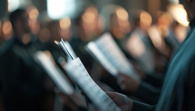 Close up of a choir singing from sheet music.