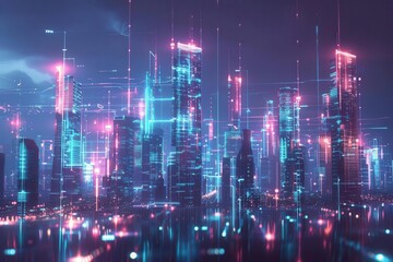 futuristic cityscape with towering skyscrapers holographic 5g antennas glowing network connections sleek design urban technology integration concept