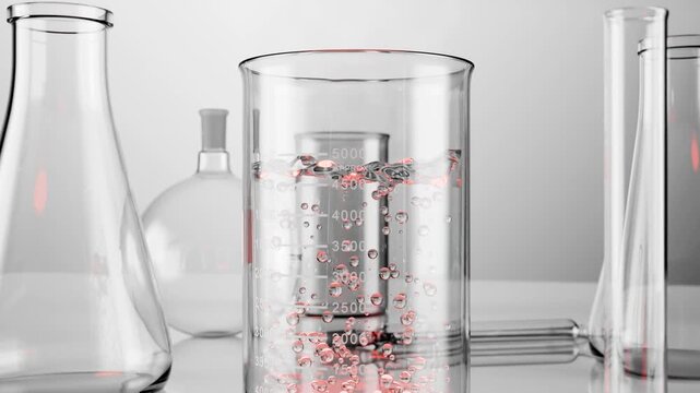 Glass Beaker with boiling liquid, water starts to Boil in a laboratory flask and steam escaping from the top, Falcon or potion or Erlenmeyer, Test tube, heating water, science experiment, 3d render