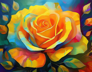 Vibrant Yellow Rose in Full Bloom Close-Up Illustration with Softly Blurred Background
