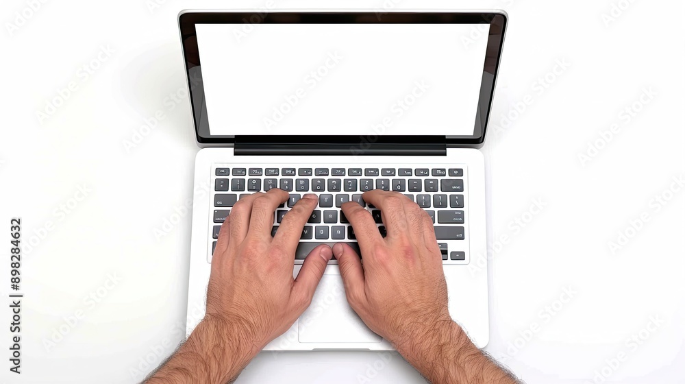 Poster the image displays hands typing on a laptop keyboard with a blank screen