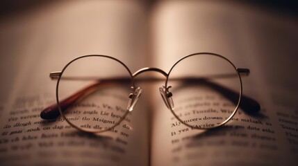 Round glasses resting on an open book, reflecting light.