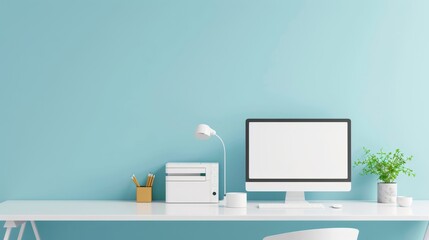 A computer desk with a monitor, keyboard, mouse, and a plant