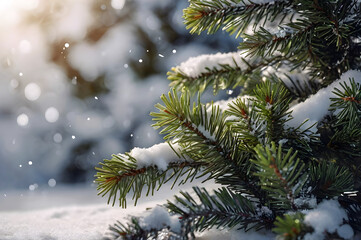 Christmas tree branches in snow, blurred bokeh with forest, daylight. Snowy new year eve, festive, magical background, winter holidays template for design, greeting postcard with copy space.