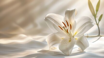 Obraz premium A white flower, centered, against a pristine white cloth Its green stem stands out distinctly in the frame