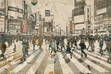 Obraz premium Shibuya people crossing crowd ephemera border backgrounds drawing city.