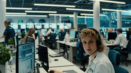 Fototapeta premium A Woman Is Diligently Working at Her Computer Desk in a Fast-Paced and Bustling Office Environment