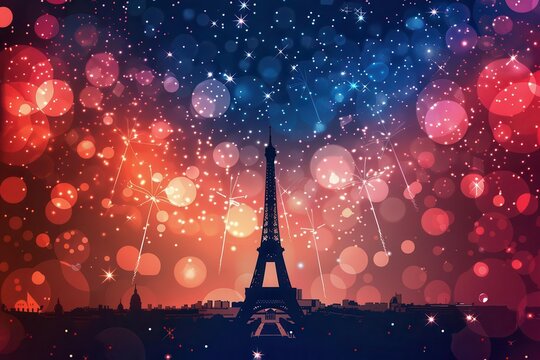 glittering eiffel tower silhouette against a backdrop of fireworks in the colors of the french flag festive bastille day celebration with a touch of romance and national pride