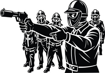 A police is aiming by gun at protesting students scilhoutte