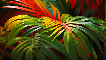  close-up view of large, overlapping palms tropical leaves in vibrant shades of yellow, green and red