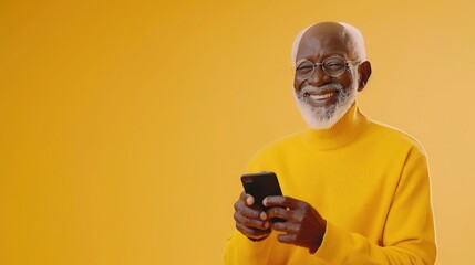 Smiling Senior Man Uses Smartphone Against Yellow Background