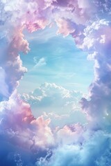 Dreamscape Cloud Frame. A frame made of fluffy, iridescent clouds with soft pastel hues. The center is a clear, blue sky with gentle, drifting clouds, evoking a dreamy, ethereal feel 
