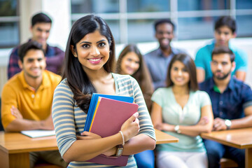 Fototapeta na wymiar Successful Indian female student with group of college students at classroom
